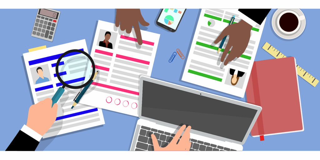 cartoon image of hands pointing to a laptop and resumes