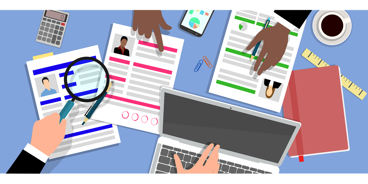 cartoon image of hands pointing to a laptop and resumes