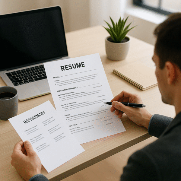 A man at a desk looking at a resume and a reference list